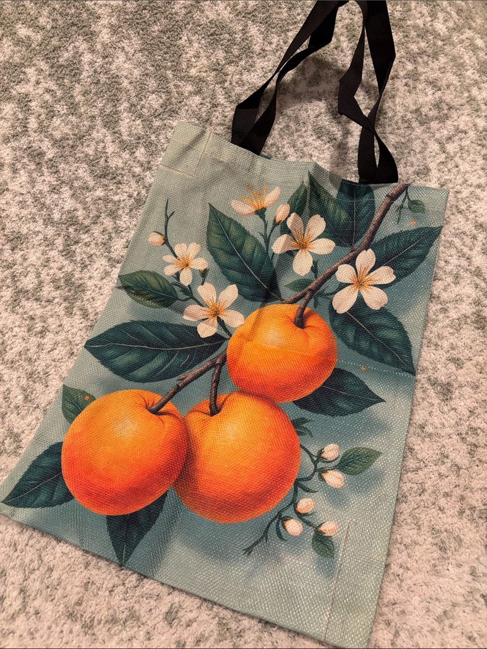 Vintage Styled Floral Orange Print Poly Canvas Tote Bag NWT 12.75x17.50”